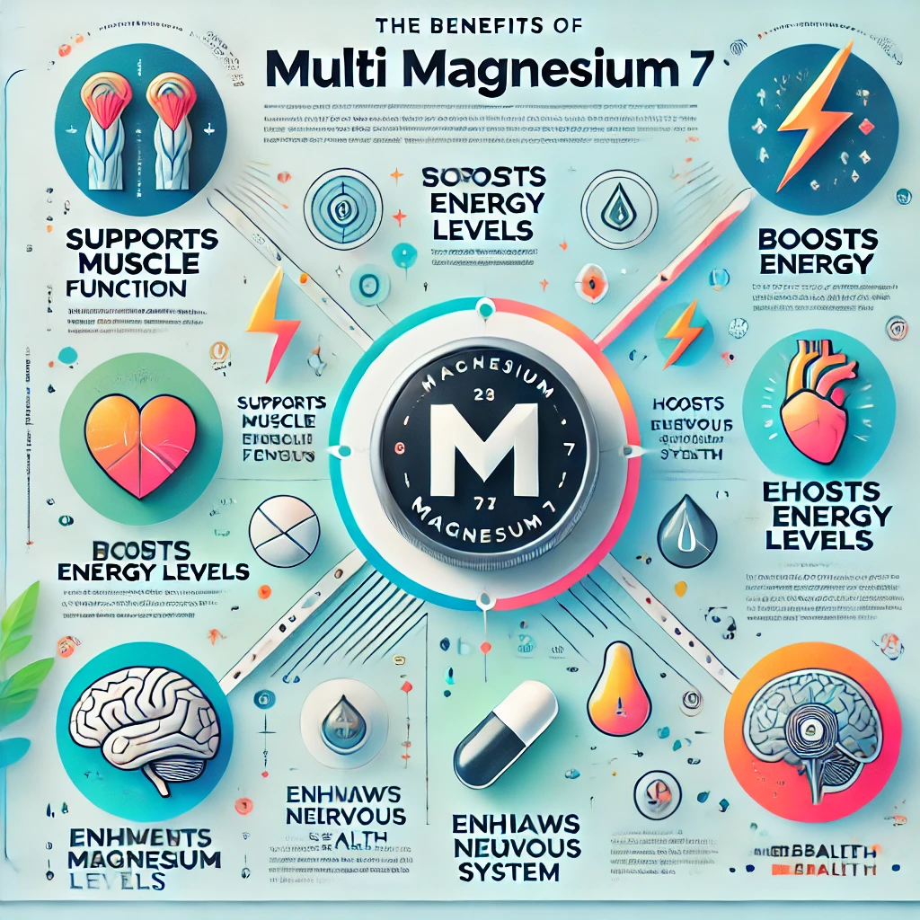 Illustration der Vorteile von Multi Magnesium 7 für Muskeln, Nerven und die Verringerung von Müdigkeit durch sieben hochwertige Magnesiumverbindungen.